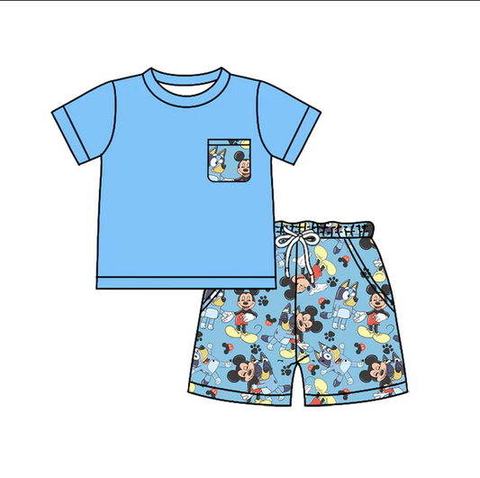 4.17 Preorder moq 5 Baby Boys Blue Short Sleeves Pocket Top Cartoon Mouse Dogs Short Set