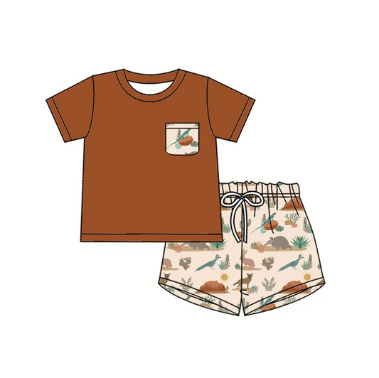 4.17 Preorder moq 5 Baby Boys Brown Short Sleeves Pocket Top Animals Cactus Short Set