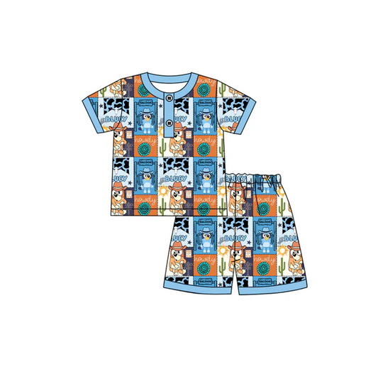 4.17 Preorder moq 5 Baby Boys Blue Short Sleeves Cartoon Dogs Cactus Button Top Shorts Pajamas Set