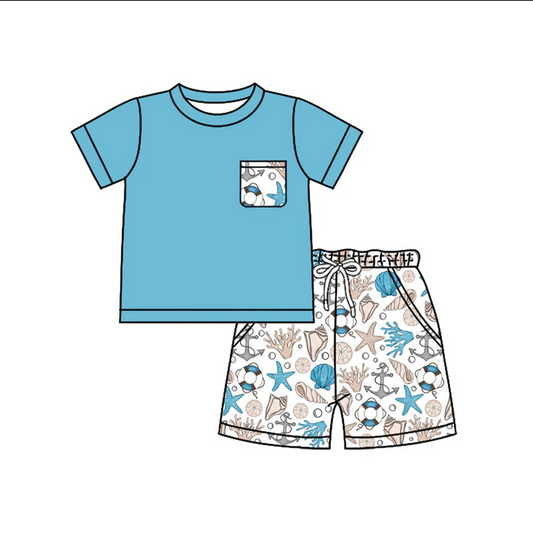 4.17 Preorder moq 5 Baby Boys Blue Short Sleeves Pocket Top Sea World Shorts Set