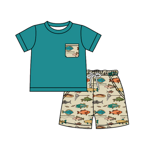 4.17 Preorder moq 5 Baby Boys Green Short Sleeves Pocket Top Fishing Shorts Set