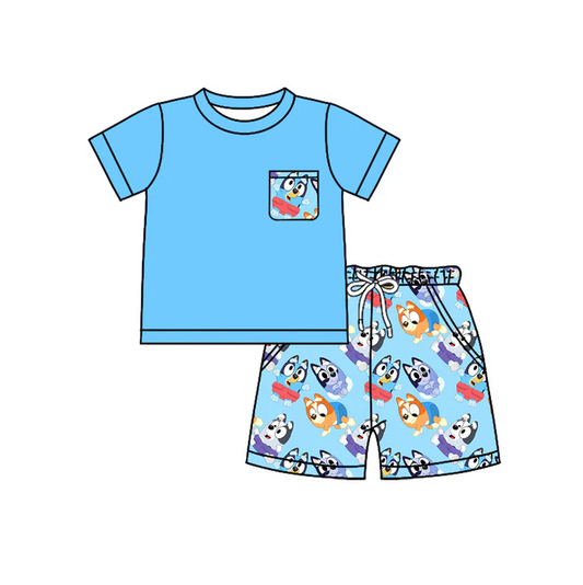 4.17 Preorder moq 5 Baby Boys Blue Short Sleeves Pocket Top Cartoon Dogs Shorts Set