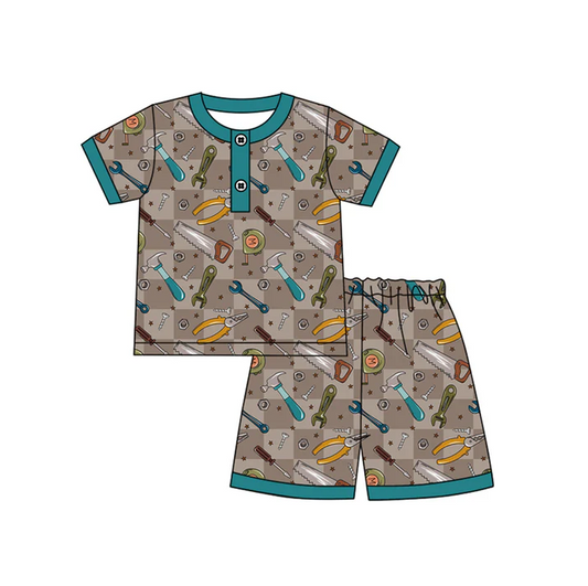 4.17 Preorder moq 5 Baby Boys Short Sleeves Daddy's Tools Button Top Shorts Pajamas Set