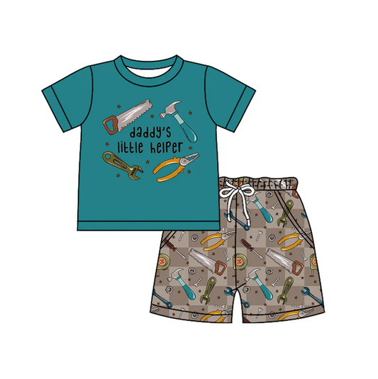 4.17 Preorder moq 5 Baby Boys Green Short Sleeves Daddy's Tools Top Pockets Shorts Set