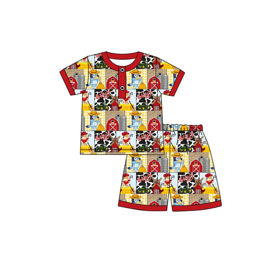 4.17 Preorder moq 5 Baby Boys Short Sleeves Cartoon Dogs House Button Top Shorts Farm Pajamas Set