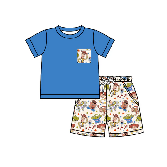 4.17 Preorder moq 5 Baby Boys Blue Short Sleeves Pocket Top Cartoon Men Pockets Shorts Set