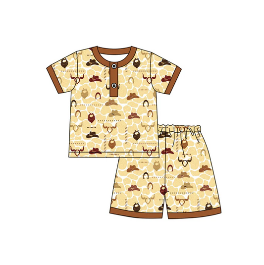 4.17 Preorder moq 5 Baby Boys Khaki Short Sleeves Hats Bull Skull Button Top Shorts Pajamas Set