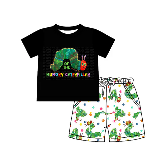 4.17 Preorder moq 5 Baby Boys Black Short Sleeves Caterpillars Top Pockets Shorts Set