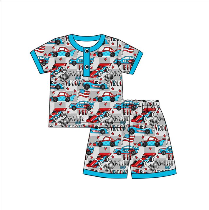 4.17 Preorder moq 5 Baby Boys Short Sleeves Cars Stars Button Top Shorts 4th Of July Pajamas Set
