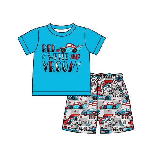 4.17 Preorder moq 5 Baby Boys Blue Short Sleeves Cars Stars Top Pocket Shorts 4th Of July Set