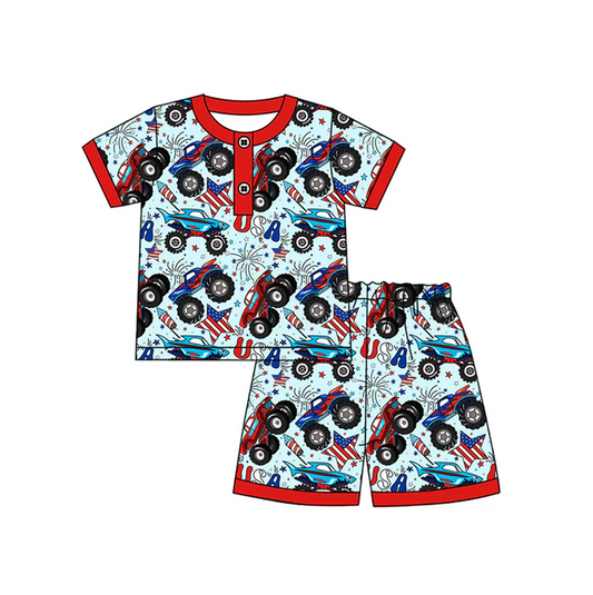 4.17 Preorder moq 5 Baby Boys Short Sleeves Stars Firework Button Top Shorts 4th Of July Pajamas Se