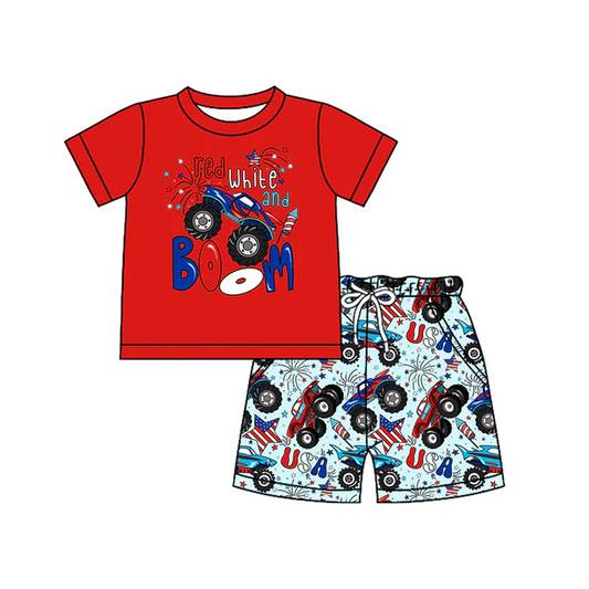 4.17 Preorder moq 5 Baby Boys Red Short Sleeves Stars Firework Top Pockets Shorts 4th Of July Set