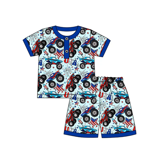 4.17 Preorder moq 5 Baby Boys Short Sleeves Stars Firework Button Top Shorts 4th Of July Pajamas Set