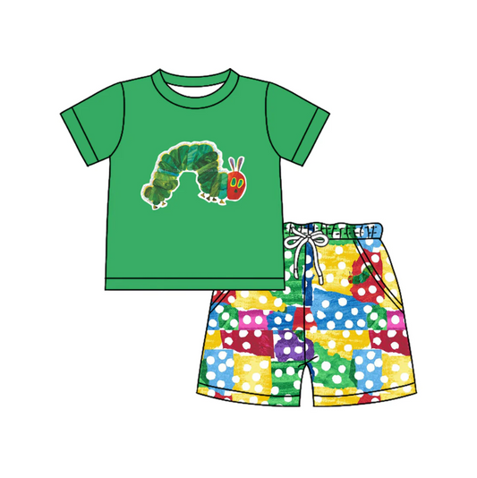 4.17 Preorder moq 5 Baby Boys Green Short Sleeves Caterpillars Top Pockets Shorts Set