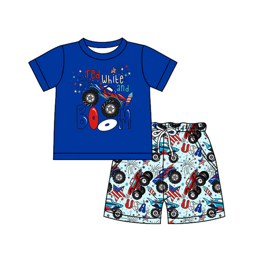 4.17 Preorder moq 5 Baby Boys Hot Blue Short Sleeves Stars Firework Top Pockets Shorts 4th Of July Set