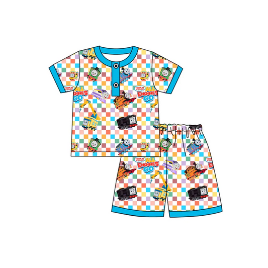 4.17 Preorder moq 5 Baby Boys Blue Plaid Short Sleeves Cartoon Trains Button Top Shorts Pajamas Set