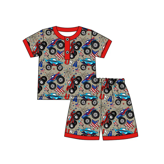 4.17 Preorder moq 5 Baby Boys Short Sleeves Stars Firework Button Top Shorts 4th Of July Pajamas Set