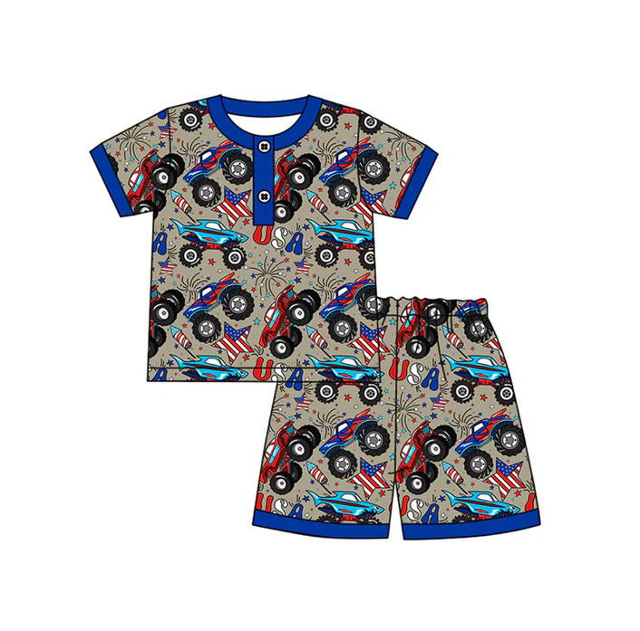 4.17 Preorder moq 5 Baby Boys Red Short Sleeves Stars Firework Top Pockets Shorts 4th Of July Set