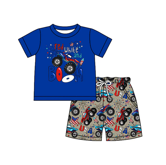 4.17 Preorder moq 5 Baby Boys Short Sleeves Stars Firework Button Top Shorts 4th Of July Pajamas Set