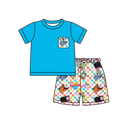 4.17 Preorder moq 5 Baby Boys Blue Short Sleeves Pocket Top Cartoon Trains Shorts Set