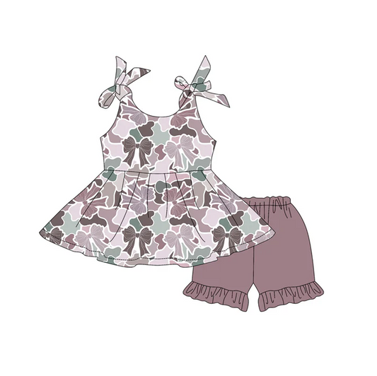 4.18 Preorder moq 5 Baby Girls Gray Camo Bows Sleeveless Tunic Ruffle Short Set