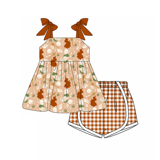 4.18 Preorder moq 5 Baby Girls Brown Strap Horse Rodeo Tunic Plaid Short Set