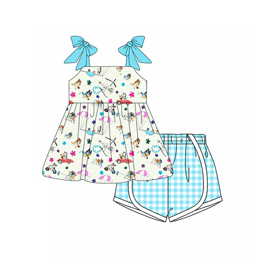 4.18 Preorder moq 5 Baby Girls Aqua Strap Cartoon Dogs Beach Tunic Plaid Short Set