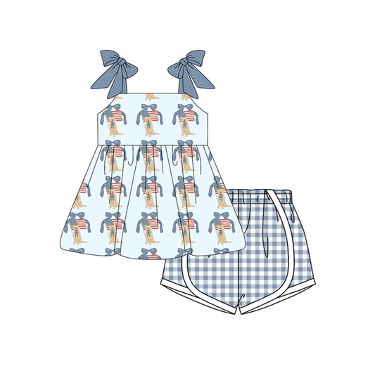 4.18 Preorder moq 5 Baby Girls Hot Blue Strap Flags Dogs Tunic Plaid Short 4th Of July Set