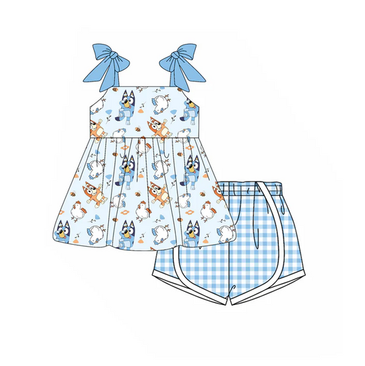 4.18 Preorder moq 5 Baby Girls Blue Strap Cartoon Dogs Tunic Plaid Short Set