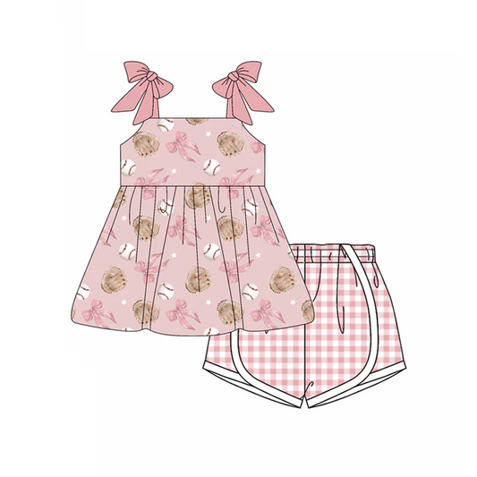 4.18 Preorder moq 5 Baby Girls Pink Strap Bows Baseballs Tunic Plaid Short Set