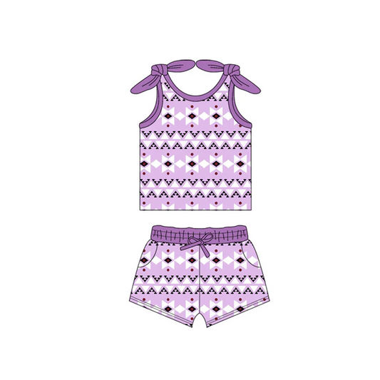 4.18 Preorder moq 5 Baby Girls Bows Sleeveless Purple Aztec Top Pockets Short Set
