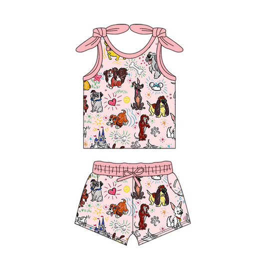 4.18 Preorder moq 5 Baby Girls Bows Sleeveless Cartoon Dogs Top Pockets Short Set