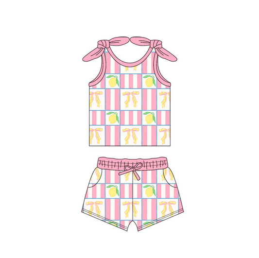 4.18 Preorder moq 5 Baby Girls Bows Sleeveless Bows Lemons Top Pockets Short Set