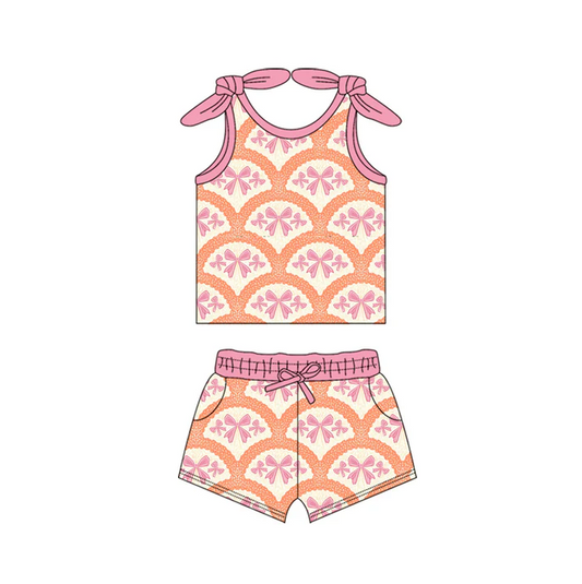 4.18 Preorder moq 5 Baby Girls Bows Sleeveless Bows Strawberry Top Pockets Short Set