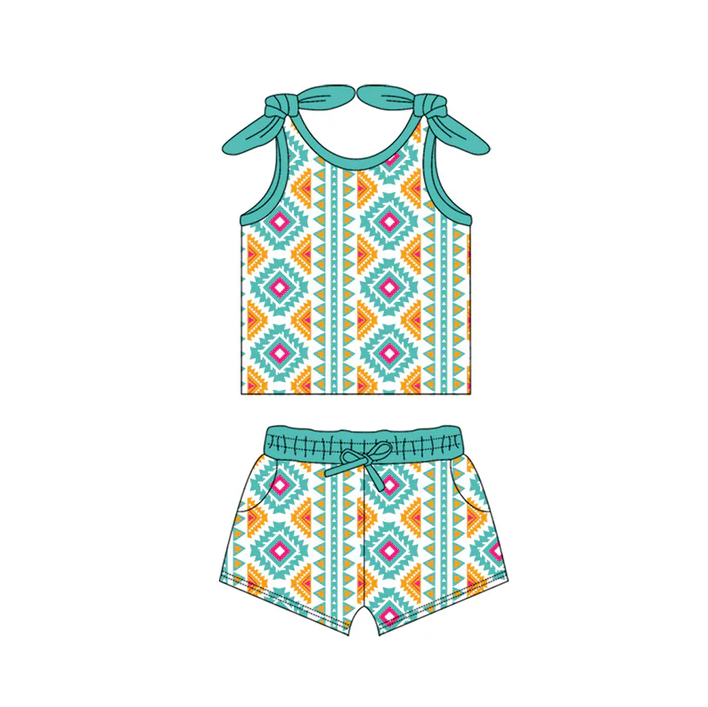 4.18 Preorder moq 5 Baby Girls Bows Sleeveless Aztec Plaid Top Pockets Short Set