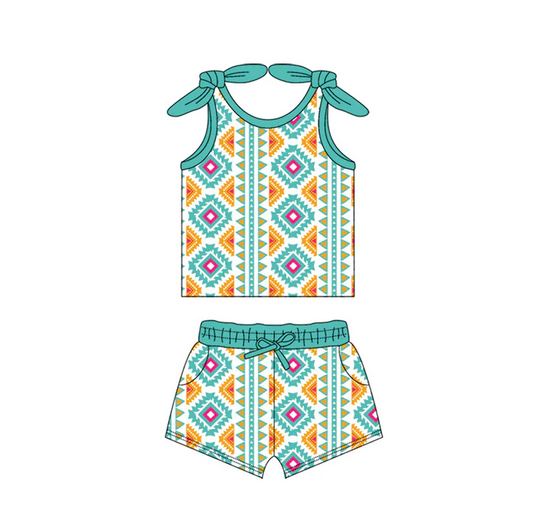 4.18 Preorder moq 5 Baby Girls Bows Sleeveless Aztec Plaid Top Pockets Short Set