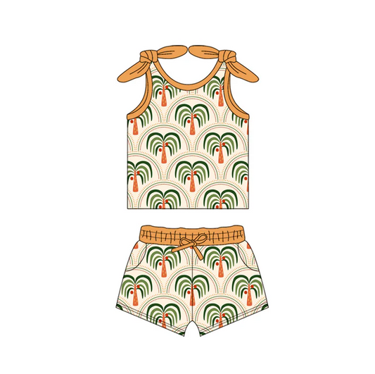 4.18 Preorder moq 5 Baby Girls Bows Sleeveless Trees Rainbows Top Pockets Short Set