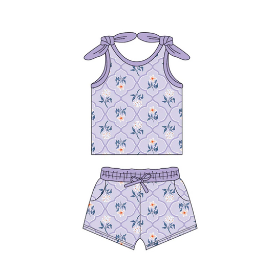 4.18 Preorder moq 5 Baby Girls Bows Sleeveless Lavender Flowers Top Pockets Short Set