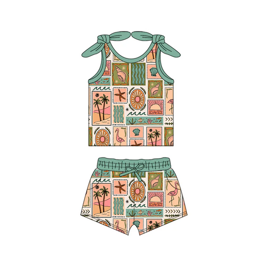 4.18 Preorder moq 5 Baby Girls Bows Sleeveless Beach Sea Top Pockets Short Set