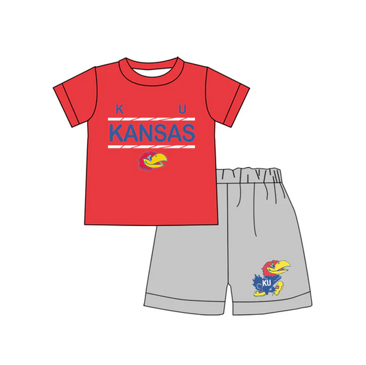 4.19 Preorder moq 5 Baby Boys KU Kansas Team Shirts Shorts Summer outfits sets