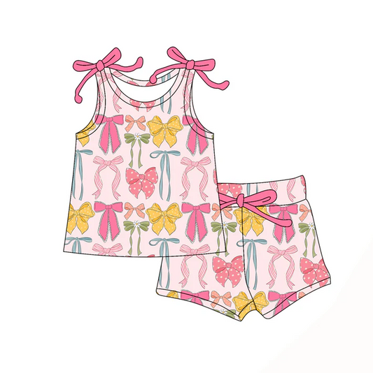 4.19 Preorder moq 5 Baby Girls Bows Sleeveless Colorful Bows Top Short Set