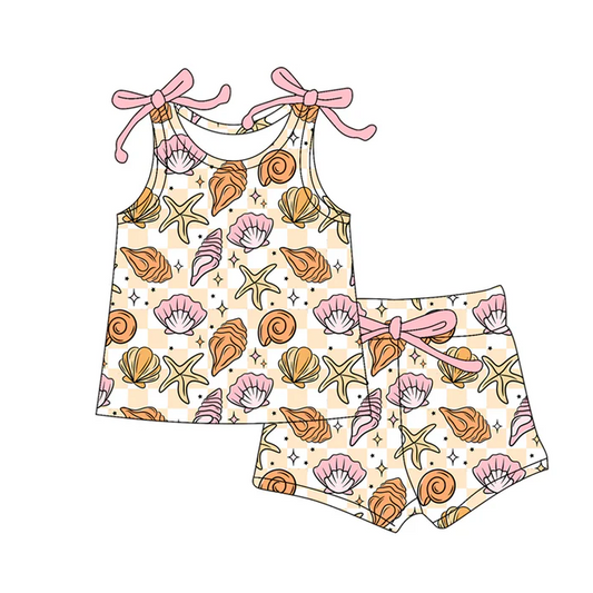 4.19 Preorder moq 5 Baby Girls Bows Sleeveless Sea World Shell Top Short Set