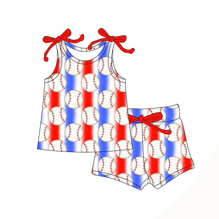 4.19 Preorder moq 5 Baby Girls Bows Sleeveless Baseballs Blue Red Stripe Top Short Set