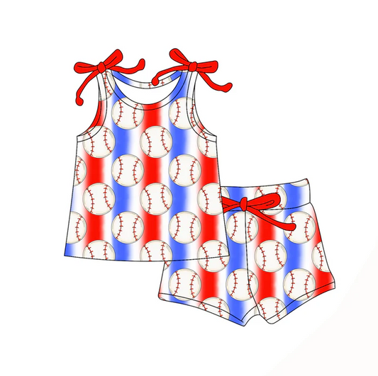 4.19 Preorder moq 5 Baby Girls Bows Sleeveless Baseballs Blue Red Stripe Top Short Set