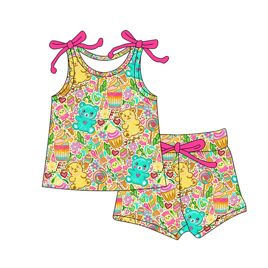 4.19 Preorder moq 5 Baby Girls Bows Sleeveless Floral Cakes Top Short Set