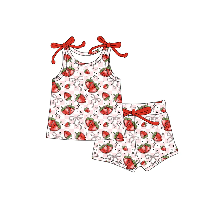 4.19 Preorder moq 5 Baby Girls Bows Sleeveless Strawberry Stars Top Short Set