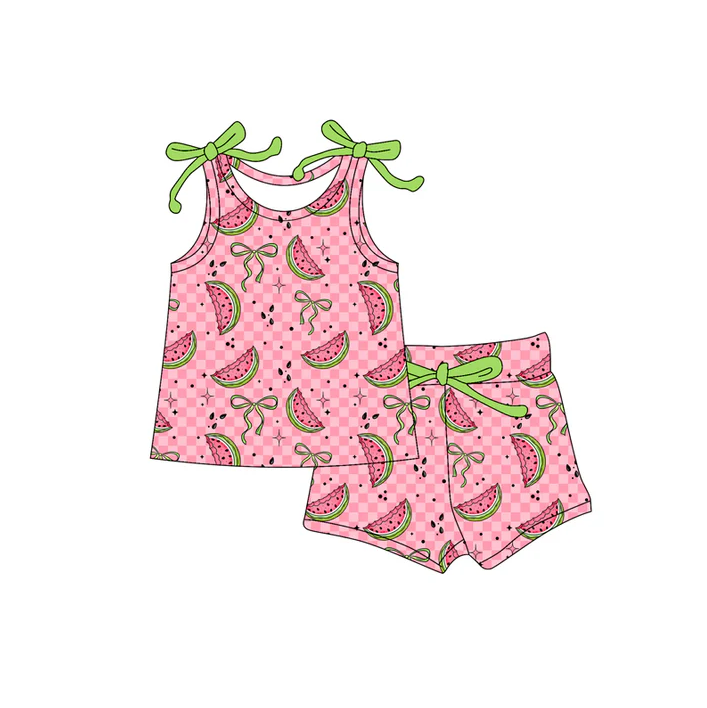 4.19 Preorder moq 5 Baby Girls Bows Sleeveless Watermelons Top Short Set