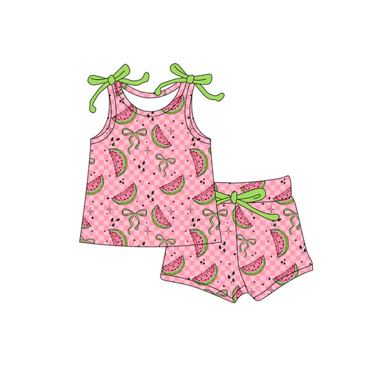4.19 Preorder moq 5 Baby Girls Bows Sleeveless Watermelons Top Short Set