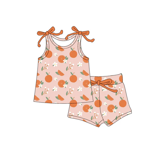 4.19 Preorder moq 5 Baby Girls Bows Sleeveless Oranges Flowers Top Short Set