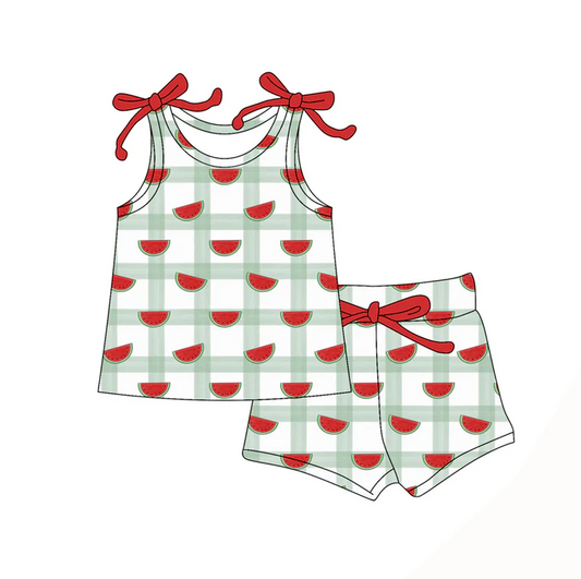 4.19 Preorder moq 5 Baby Girls Bows Sleeveless Watermelon Plaid Top Short Set